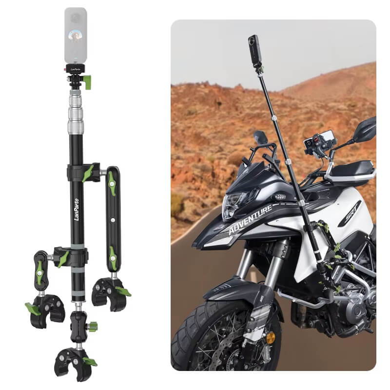 Motorcycle 360° Action Camera Mount with Triple Clamp and Selfie Stick